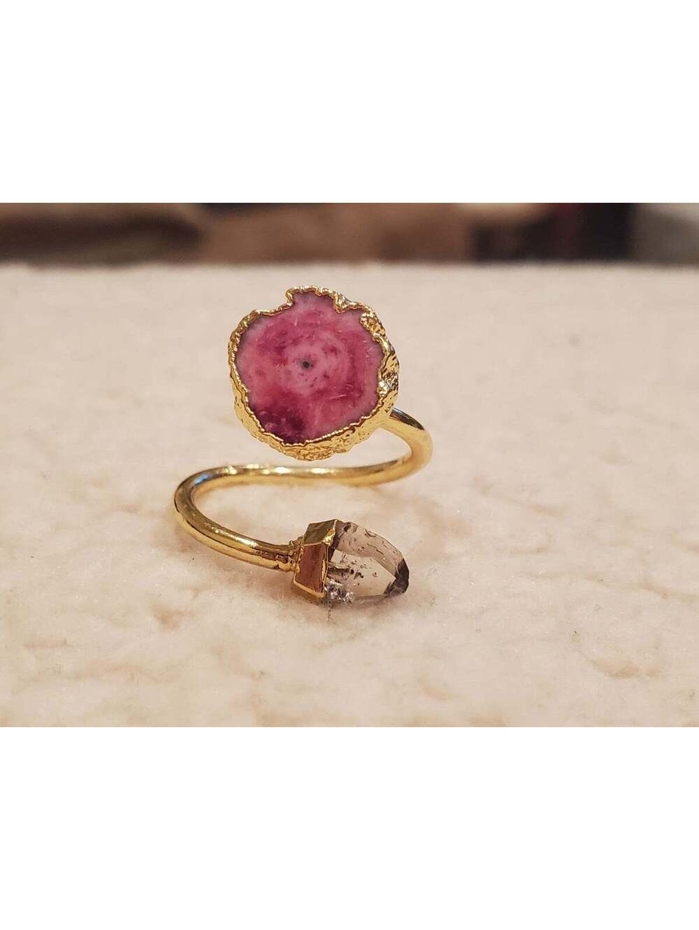 Pink solar quartz herkimer diamond ring